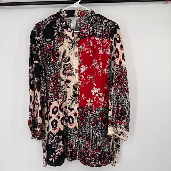 Multiples Womens Patchwork Button-Up Blouse tunic size 1X plus Floral Red Black - Picture 7 of 12